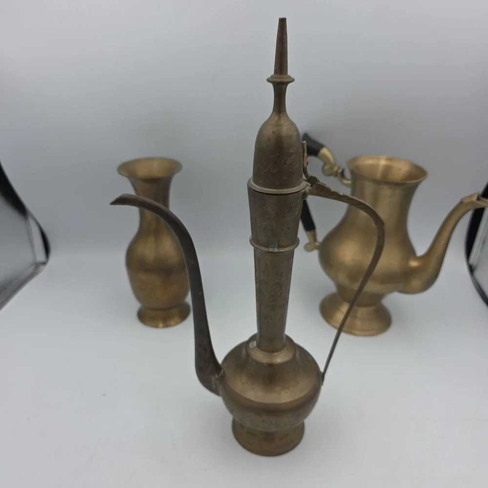 Vintage Ornate Solid Brass Etched Pitcher Made in India Lot Of 3